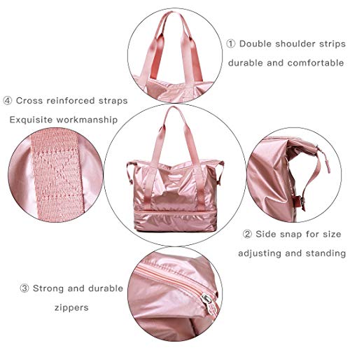 Fancyfree Double Layers Bag, Large Travel Tote Bag With Bottom Shoes Compartment, Ideal Gym Duffle Bag For Women And Men (Rose Gold) #TOP2
