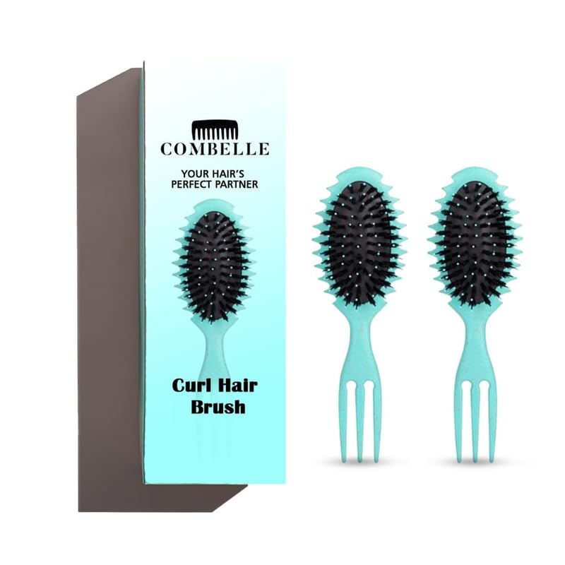 Image of COMBELLE Curl Defining Detangler Brush for Curly Hair - Vegan Fiber & Nylon Bristle Paddle Brush with Comb Handle for Frizz-Free Styling & Scalp Massage - Mint (Pack of 2)