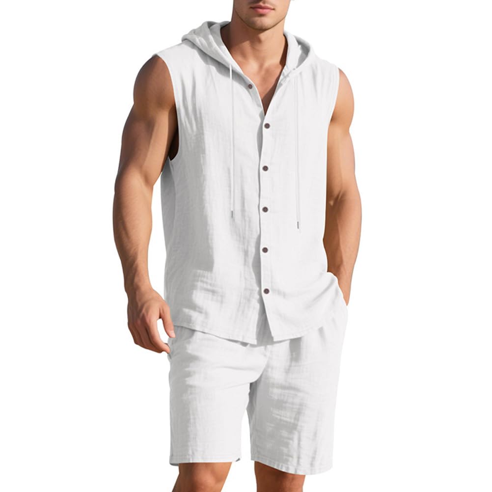 Conjunto de lino para hombre 2 piezas con capucha y pantalones cortos de playa verano