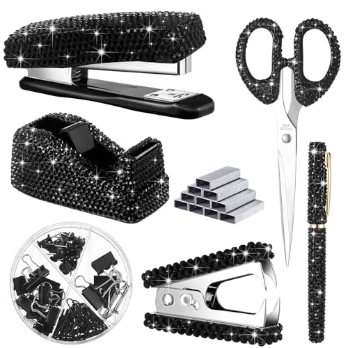 Demissle 6 Pcs Bling Office Desk Accessories Set Crystal Back to School Stationery Kit Scissor Stapler with Staple Tape Dispenser Diamond Pen Staple Remover Binder Clip Paper Clip Push Pins(Black)
