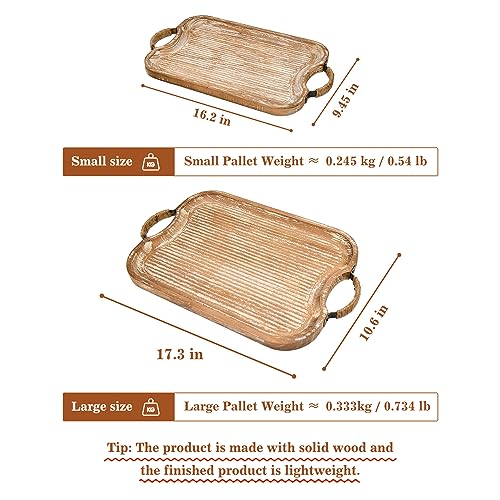 Rustic Wood Serving Tray With Metal Twine Handles Set Of 2 Rectangular Decorative Trays Farmhouse Platter For Food, Fruit, And Coffee Great For Bed, Patio, Ottoman, Coffee Table, Kitchen, Or Party. #TOP1