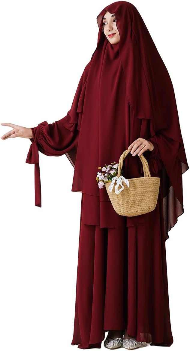 HajjOutfit Muslim Abaya Dress For Women 2Piece Chiffon Hijab Abaya Dress With Butterfly Sleeves