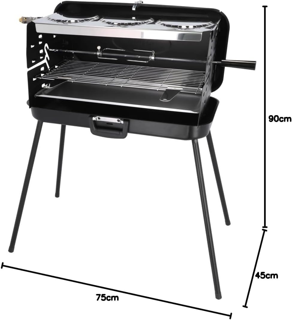 BERGER Barbecue à gaz portable 3 feux 5 kW type BBQ, barbecues de camping avec grille 54 x 24 cm et plaque supérieure, barbecue de jardin extérieur pour terrasse et caravane 30 Mbar