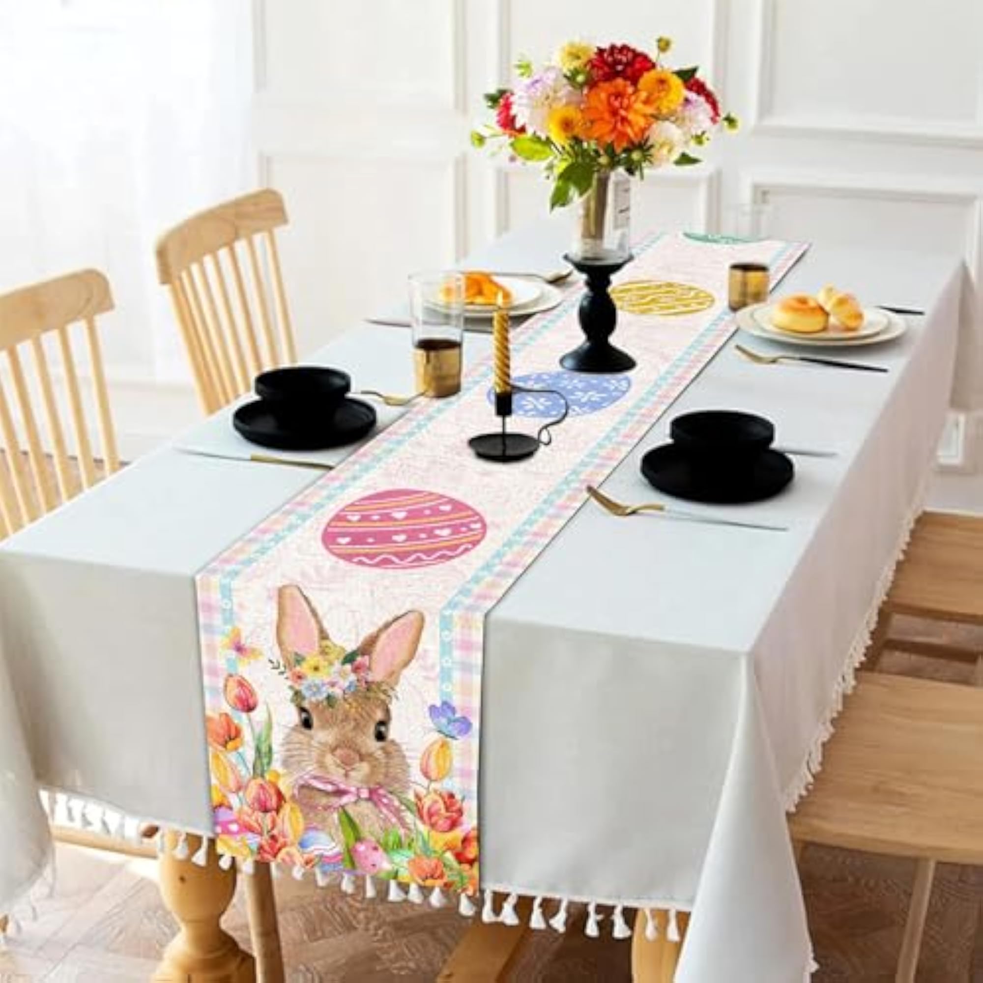 Easter Table Runner 72 Inch Bunny Eggs Decor for Kitchen Dining