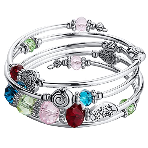 PEARL&CLUB Bead Crystal Wrap Bangle Bracelet - Fashion Jewelry Beaded Bracelet with Silver Metal, Gifts for Women(23-Colorful)