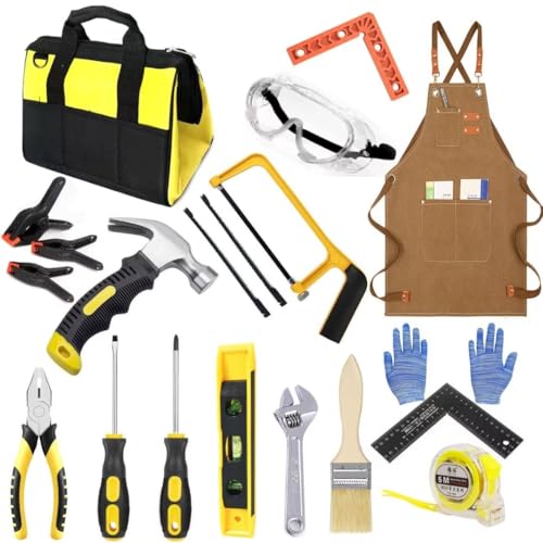 QeeHeng Children's Tool Set, Children's Construction Tool Toy Set with Real Hand Tools, 20 Pieces Beginner Woodworking Tools Kit, Tool Bag & Hammer & Hand Saw, Gift for Boys Girls