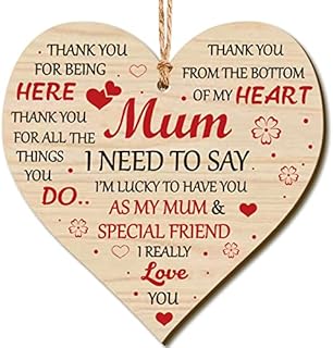Mum Heart Plaque I Love You Mum Gifts Handmade Wooden Hanging Sign Birthday Christmas Mother's Day Present for Mother Mum from Daughter Son, 10 x 10 cm (Grateful Style)