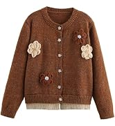 HOULENGS Women's Cute Long Sleeve Flower Print Cardigan Sweater Casual Round Neck Button Down Kni...