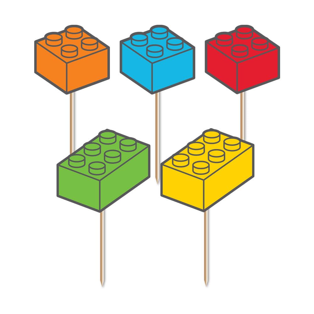 Anniversary House 10 pcs Building Block Cake Toppers, Ranging from 4-5cm, Building Block Cupcake Toppers, Premium Paper, Building Blocks Cake Decorations, J222