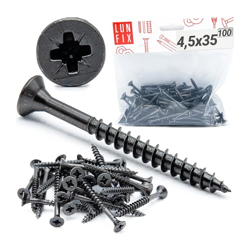 Vis a bois acier trempé noir zingué tête fraisée PZ2 Ø 4,5x35 mm, 100 pièces vis de fixation placo pour bois meubles panneaux agglomérés plâtre plastique bricolage montage précis Lun Fix