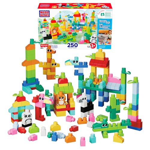MEGA BLOKS Fisher-Price Juguete de construcción para niños y niñas, bloques de animales con 250 piezas y bolsa de almacenamiento reutilizable, a partir de 1 año, JCF93