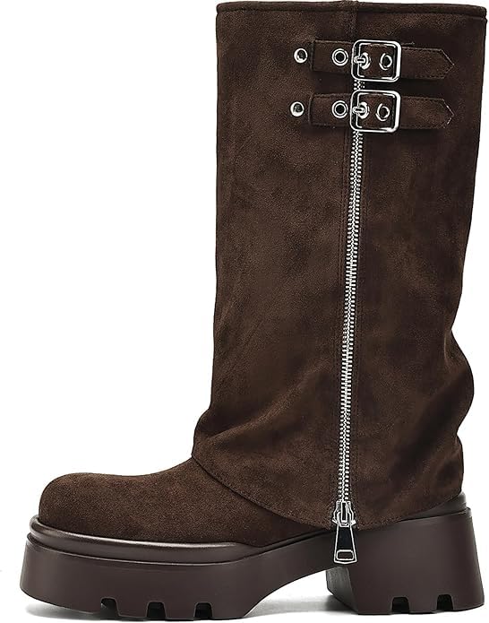 Image of MAVMAX Mid Calf Boots for Women Fold Over Zipper Buckle Riding Boot Black Wide Calf Platform Round Toe Chunky Low Heel Tall Boot Cowboy Biker Motorcycle Boots