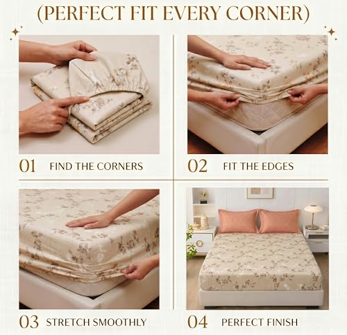 Image of HOMEKART Cotton Contrast Fitted Bedsheet for King Size Bed 72x72+10 Inch with 2 Pillow Covers 17x27 Inch | All Round Elastic | TC 144 Soft, Breathable Floral Printed Bedsheet (Ivory Blossom Elegance)