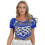  inlzdz Femme Haut Court de Danse du Ventre Latine Tank Top Danse Orientale en Mousseline Paillette Debardeur Belly Danse Costume Indien Arabe Princesse Halloween Cosplay A Bleu Royal Taille Unique