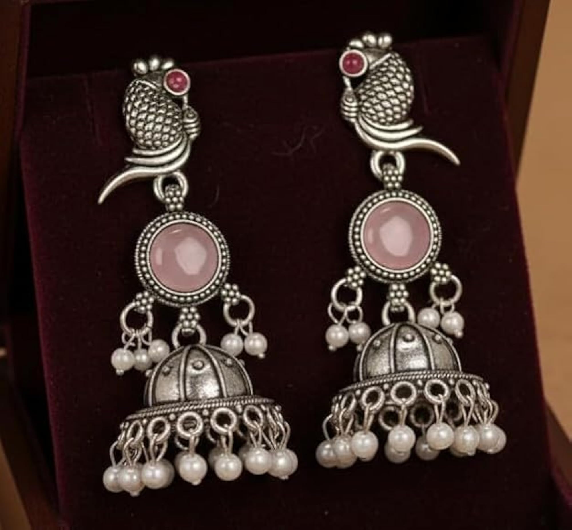 Set of 4 Silver Tone Jhumka Earrings with Pink Stone Drops