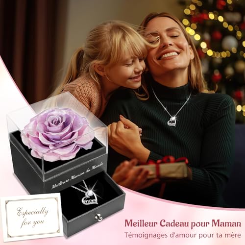Sunia Cadeau Maman, Rose Eternelle avec Bijoux Argent 925 Collier, Collier Anniversaire Femme, Meilleure Maman du Monde, Coffret Rose Eternelle, Fleur Préservée Cadeau Fete des Meres Noel, Varie Rose – vue 5