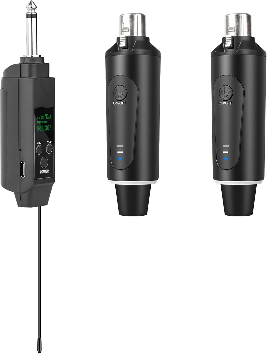 Depusheng 2.4GHz Wireless Microphone System Transmitter & Receiver with volume adjustment, Low Latency, Rechargeable, 150ft Range, Easy Pairing for PA System, Electric Guitar & Bass (two transmitter)