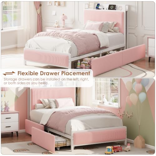 Image of GAOMON Twin Size Bed Frame with 2 Drawers and Charging Station, Pink