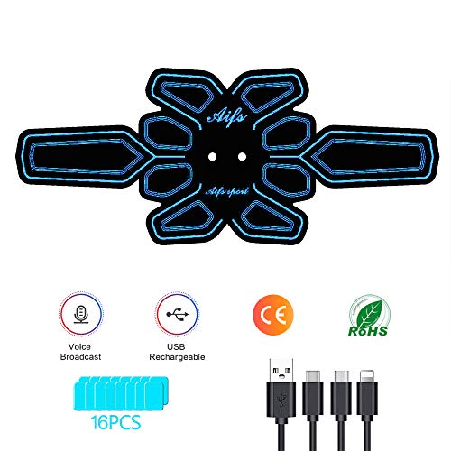 SUPOLA Electroestimulador Muscular Abdominales, Entrenador Muscular EMS Estimulador con Transmisión de Voz Inteligente&USB Recargable, ABS Estimulador para Abdomen/Brazo/Piernas/Cintura,16pcs Gel Pads