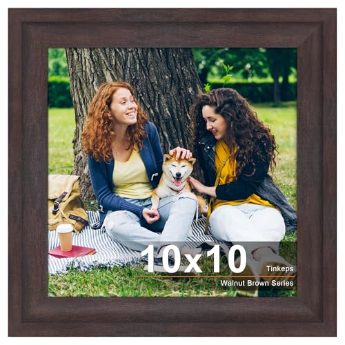 Image of 10x10 Picture Frame Walnut Brown with Black Backboard, 1.37 Inch Curved Extra Wide Edges MDF Material, Rustic Style Picture Frame 10x10 inches for Wall