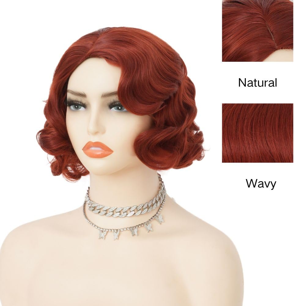 Salaibs Red Short Curly Wigs for Women Brownish Red 1920s Finger Wave Wig Synthetic Fiber 30s Disco Costume Hair Wig for Cosplay Halloween Use - Image 3