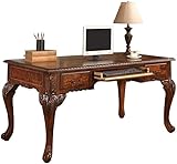 First of a Kind 60' Traditional Computer Desk | Wood Veneer, Hand-Carved Accents, 3 Smooth-Glide Drawers, Cabriole Legs | Cherry Walnut Finish