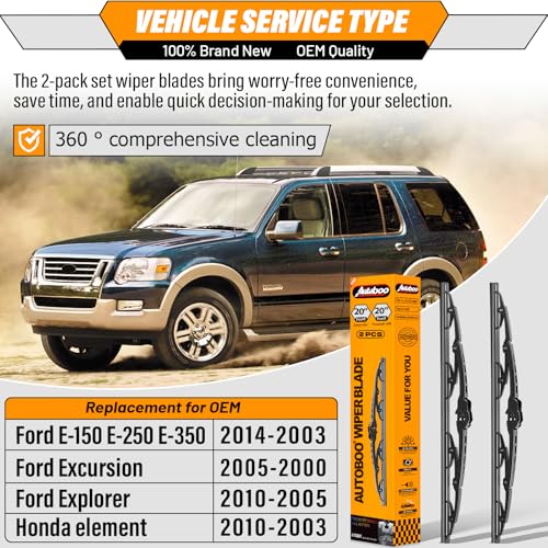 Image of AUTOBOO Windshield Wiper Blade Replacement for Ford E150 E250 E350 | Fits Ford E150 E250 E350 2003-2014 & Honda Element 2003-2010, 20 inch+20 inch, 2-pack, OEM quality, all-season
