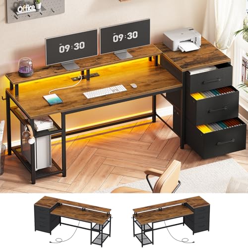 SEDETA 59" Office Desk with Drawers, Reversible Computer Desk with File Drawers & Storage, Gaming Desk with LED Lights & Power Outlet, Home Office Des
