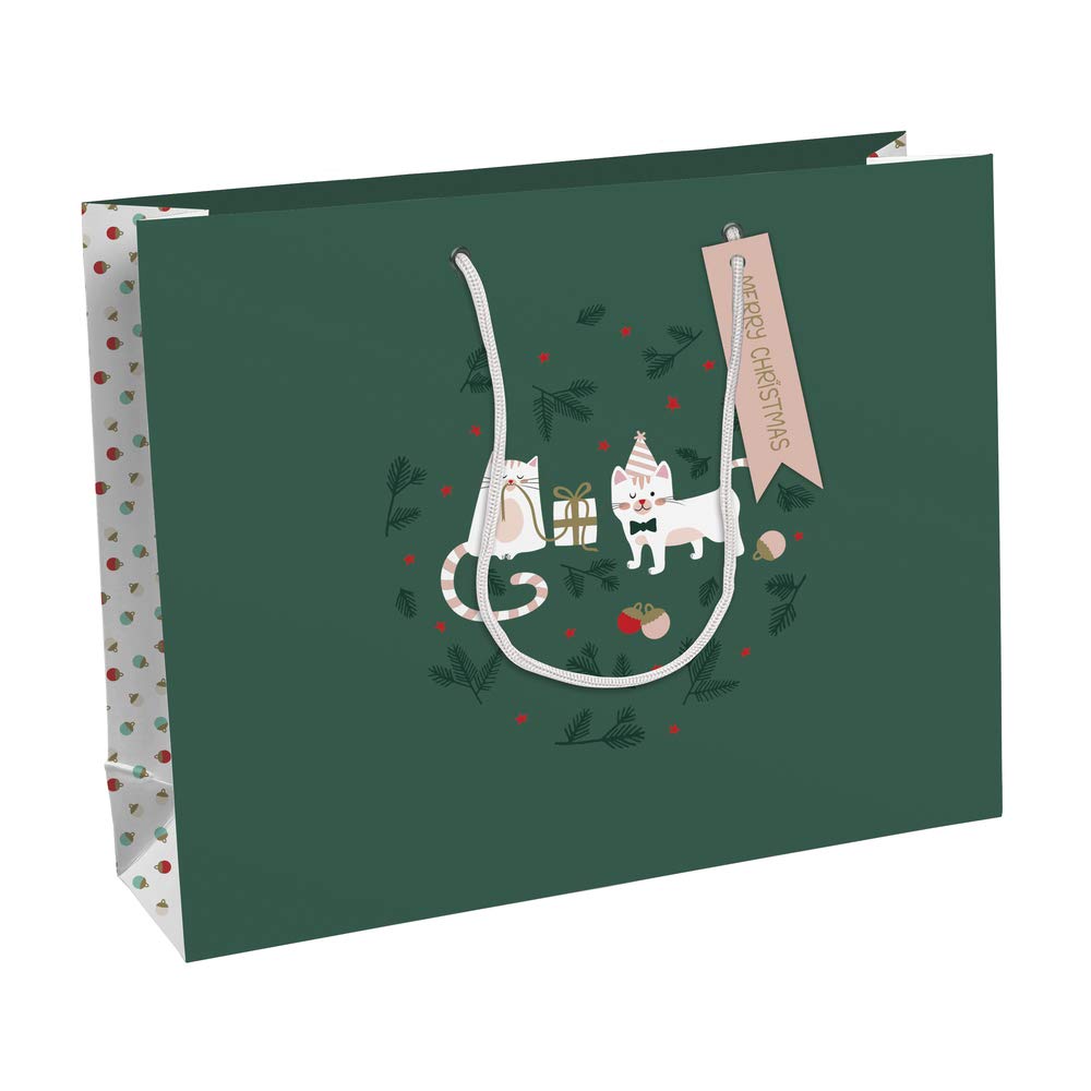 Clairefontaine X-29532-6C - Excellia Gift Bag - Size - 37,3x11,8x27,5 cm - 210g - Pattern: Cats, Baubles, Green - Gift Wrapping, Ideal for Board Games, Puzzles