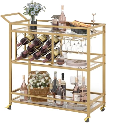 Golden Hanging Wine Glass Rack Storage Organizer with Movable Wheels Ideal for Living Rooms Offices and Kitchens 35.47x13.98x36.3in
