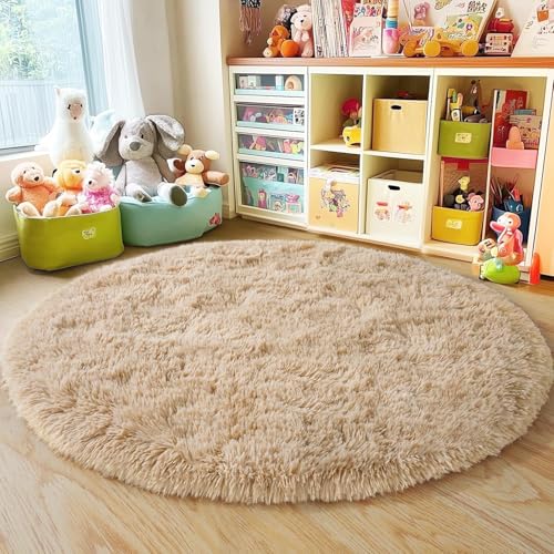 Image of Shaggy Round Area Rug - Soft Plush Circle Solid Color Carpet for Living Room, Bedroom, Kids Room - Fluffy Fuzzy Floor Mat for Home Decor (Beige, 6x6 feet, Round)