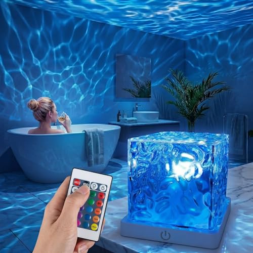 Rechargeable Ocean Wave Projector Light, 16 Color Changeable & Dimmable Shower Lamp with Remote, Cube Mood Ambient Lighting, Ocean Room Decor, Cordless Night Light for Bathroom, Room Decor