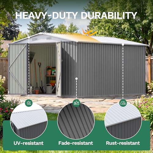 Image of JUMMICO 10x12 FT Outdoor Storage Shed, Heavy Duty Metal Shed with Lockable Door&Slooping Roof, Tool Shed for Garden Backyard Patio(Gray)