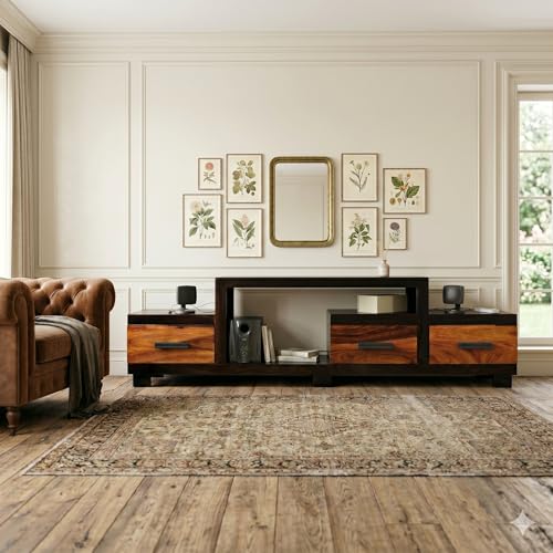 Image of Essentia Rosewood Shessham Wood 3 Drawer, Solid Wood TV Entertainment Unit Living Room & Office (Finish - Walnut Finish)