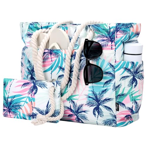 Kasqo Beach Bags for Women, Large Waterproof Beach Bag Tote Zipper Swim Pool Bag with Small Pouch for Grocery Travel Vacation