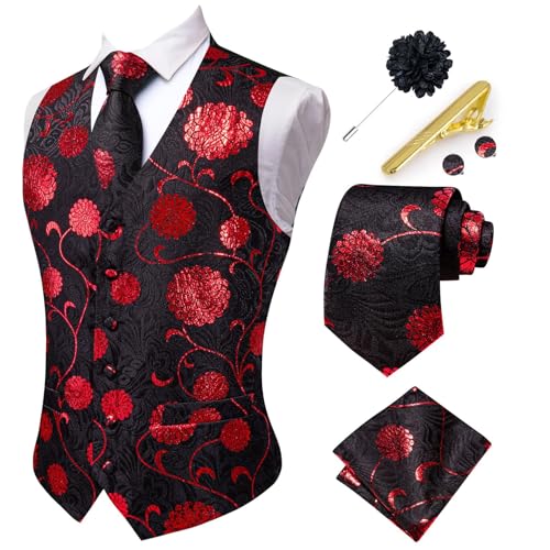 Hi-Tie Mens Suit Vest and Tie Set V-Neck Silk Paisley Formal Waistcoat Necktie Pocket Square Set for Wedding