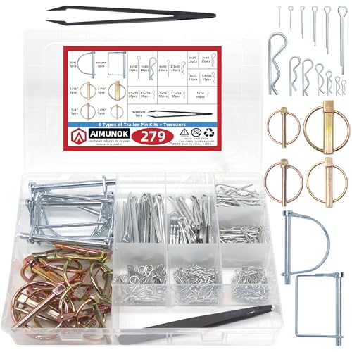 AIMUNOK 279-Piece Heavy Duty Carbon Steel Pin Assortment Kit, Hitch Lock & R-Clip Cotter/PTO Pins for Trailers/Tractors/Trucks, Galvanized Fastener Set, 18 Sizes with Tweezers & Case
