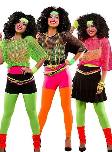 SamHeng Fishnet Camiseta Transparente Crop Top Mujer Disfraz de los Años 80 para Mujer Accesorios Mujer de Ropa Años 80 para Fiesta Temática de 80(Rosa neón)