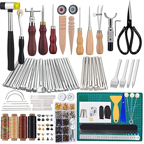 243Pcs Leather Working Tools Kit, Leather Kit with Instruction, Leather Stamping Tools, Snaps and Fasteners Kit, Waxed Thread Cord, Cutting Mat, Prong Punch, Leather Tooling Kit for DIY Leather Craft