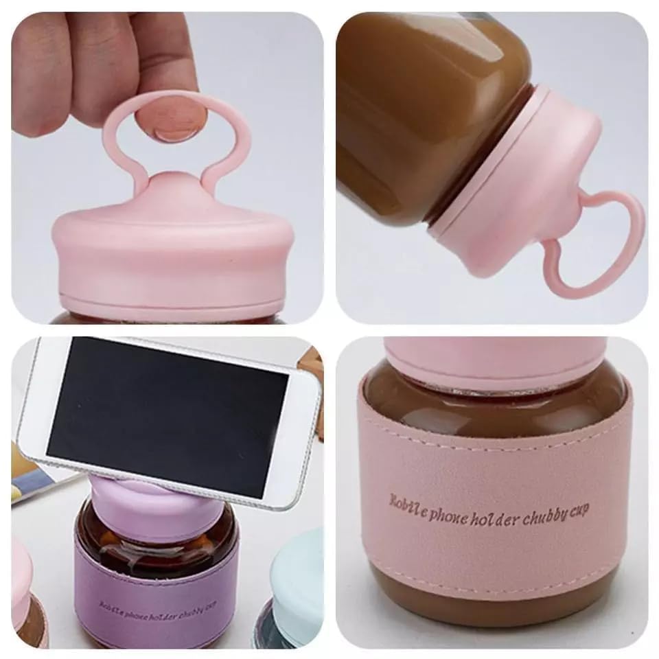 Image of Glassbunny Fat Cup Beauty Mini Portable Small Water Bottle with Mobile Phone Stand Mini Glass Bottle for Travel, Home, Office, Gym 320ml Glass