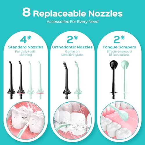 Image of COSLUS C30 Water Dental Flosser Pick for Teeth: 4 Modes Cordless Portable 300ML Larger Tank Water Teeth Cleaner IPX7 Flossing Cleaning Picks for Home Travel Black Green 2pcs Portable Set