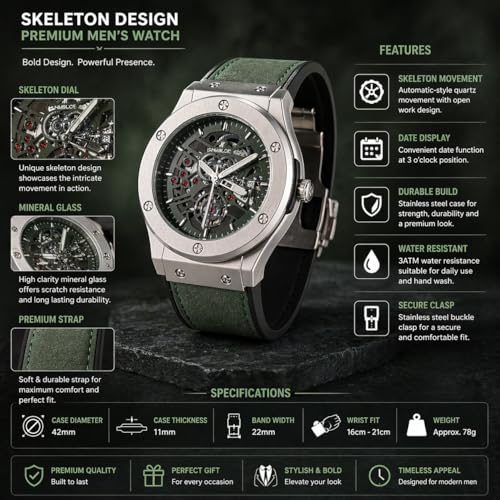 Image of Big Bang Skeleton Dial Luxury Chronograph Watch for Men with Green Strap, Premium Analog Wrist Watch, Stainless Steel Case, Mechanical Style Dial, Sports Inspired Classic Luxury Timepiece, Quartz Movement, Skeleton Display, Stylish Formal Casual Wear