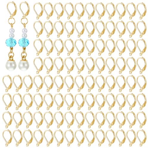 ElevateTech Leverback Earring Hooks, 100 Pcs Stainless Steel Lever Back Earring Clasps French Ear Wire Findings for Dangles Earrings DIY Jewelry Making, Smooth to Open & Close (Gold)