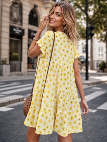 Image of Imysty Womens Boho Floral Ruffle Sleeve Babydoll Loose Flowy Casual Summer Pleated Mini Dress