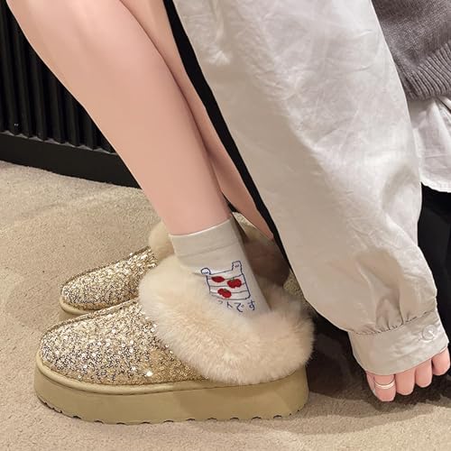 Women's Platform Glitter Sequin Flat Slippers Fuzzy Fluffy Lined Slippers Warm Winter Snow Boots Indoor Outdoor2