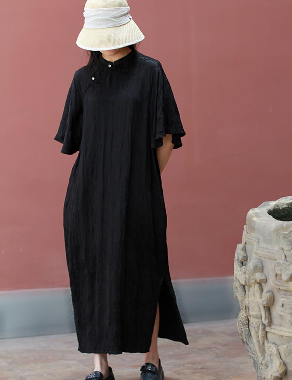 Ystylee Womens Chinese Clothing Cheongsam Dresses Vintage Black Jacquard Slit Hem Dress with Belt