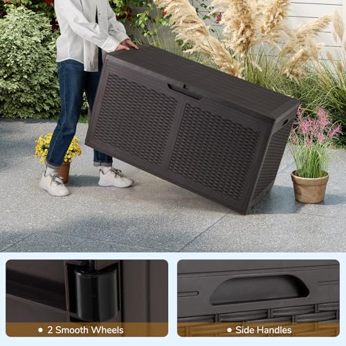 GOPLUS Baúl Almacenaje Exterior 380 L, Arcón de Resina Impermeable con Cerradura y 2 Ruedas Lisas, Superficie de Ratán de Imitación, Caja de Almacenamiento Grande Jardin, 111 x 56 x 61 cm (Marrón) - imagen 6