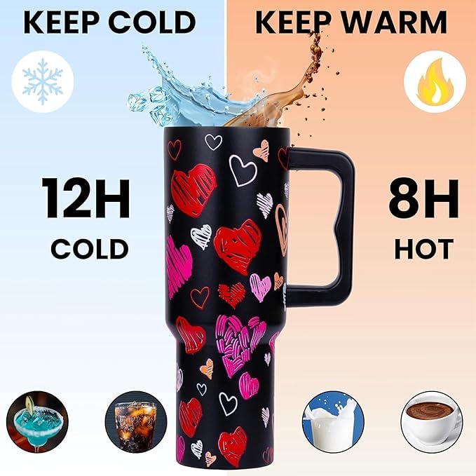 Image of Stainless Steel 1200 ml Vacuum Tumbler with Lid & Straw - Double‑Wall Insulated Cup for Travel, Gym & Office - Keeps Beverages Hot or Cold - 1.2 L Capacity (Black Heart)