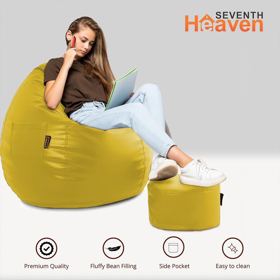 Image of Seventh Heaven 4XL Bean Bag Cover with Footrest and Cushion (Without Beans) | Premium Scratch Resistant Leatherette | (Leatherette Fabric - Yellow)