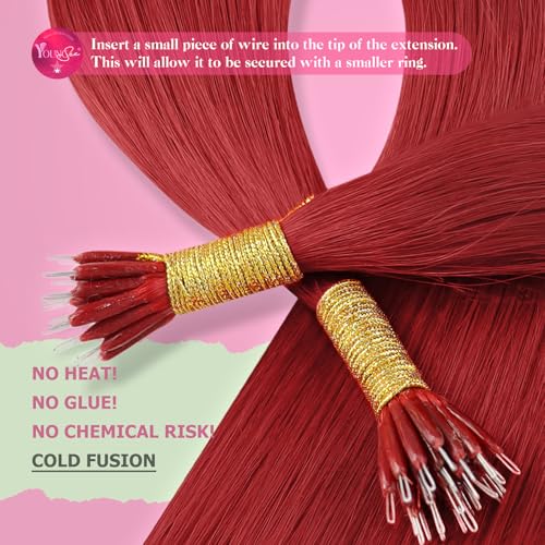 Image of YoungSee Nano Bead Hair Extensions Human Hair Red Long Hair Nano Ring Hair Extensions 24 Inch Nano-Link Human Hair Extension Red Nanoring Hair Extension Colored for Party 25g 25 Strands
